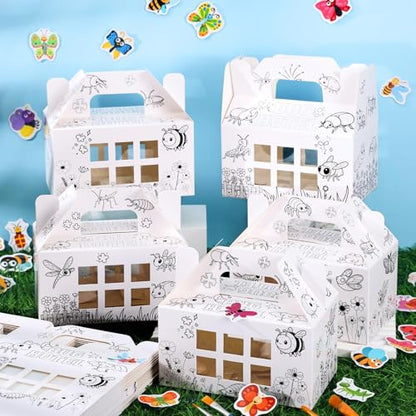 28 Pack Bug Hotel Box Color Your Own Cardboard Bug Catchers with Stickers, DIY Insect Critters Collection Gable Box with Window for Spring Summer Garden VBS Crafts Party Favors