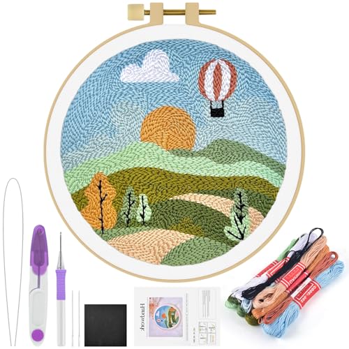 ERKOON Punch Needle Kit Adults Beginners, DIY Easy Landscapes Embroidery Set for Starter Art Craft, Needling Punch Project with Patterns, Tools, Yarns, Hoop, Instruction (Spring) - color: Spring