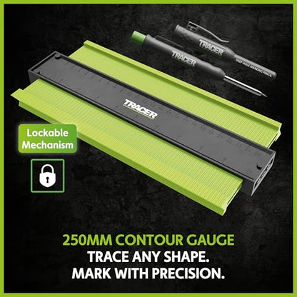TRACER Contour Gauge 250mm (10”) Precise Marking Gauge with TRACER Deep Hole Construction Pencil. Gauge and Carpenters Pencil Set - style: 250mm (10”) plus Pencil