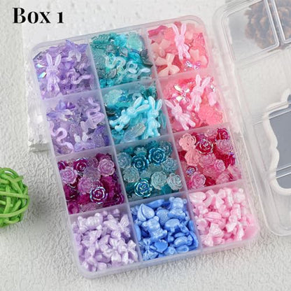 2050 Pieces 3D Butterfly Rose Flower Bow Rabbit Bear Nail Charms Kit with Nail Art Rhinestones Pearls Crystal Gems Nail Slices for Manicure DIY Crafts Jewelry Accessories (Pink Purple Blue) - color: Pink Purple Blue