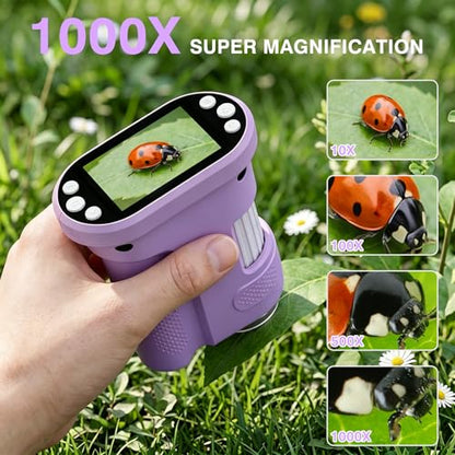 Kids Digital Microscope, 1000X Handheld Pocket Microscope STEM Science Toy - color: purple