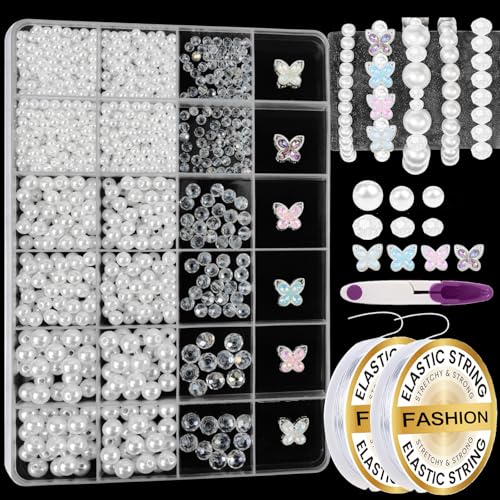 1266 Pcs Pearl Bracelet Making Kit White Beads for Bracelets for Adult - color: 25-White& Clear