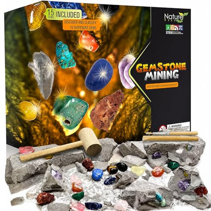 Nature Gear Gemstone Dig Kit for Kids, Educational Crystal Excavation Kit with 15 Mystery Gems, Interactive Adventure Fossil Mining Toy for Kids Age 3-5 and Up - style: Gemstone Dig Kit