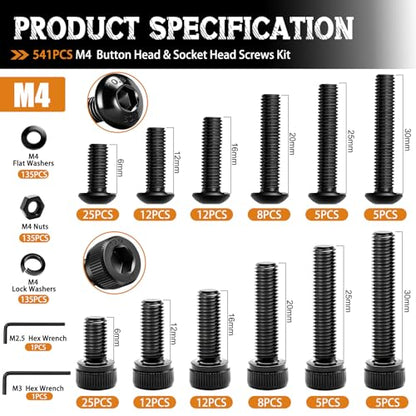 mankk 541PCS M4 Metric Screws Assortment Kit M4x6/12/16/20/25/30mm Hex Socket Button & Cap Head Screws Bolts Kit 12.9 & 10.9 Grade Black Alloy Steel Machine Screw - size: M4, style: Button&Hex Socket Cap
