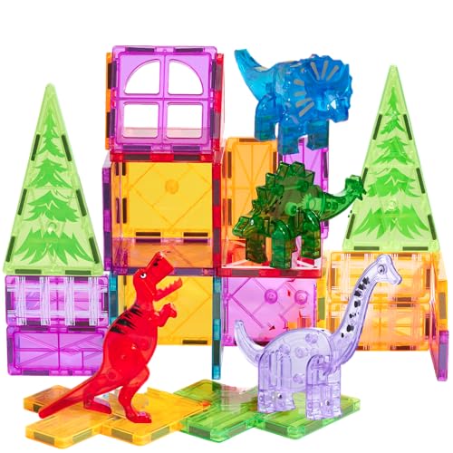 Magnetic Tiles 32 Piece Set, Dinosaur Toys for Kids 3-5, STEM Building Blocks with Trees and Figures, Educational Construction Set for Boys and Girls