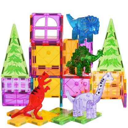Magnetic Tiles 32 Piece Set, Dinosaur Toys for Kids 3-5, STEM Building Blocks with Trees and Figures, Educational Construction Set for Boys and Girls
