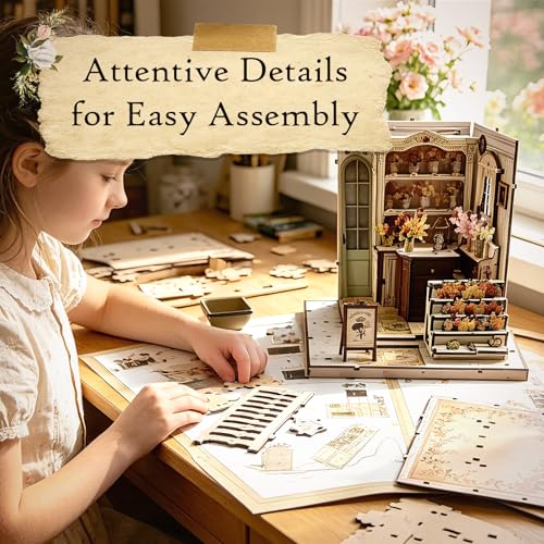 Book Nook Kit DIY Miniature House – 3D Wooden Puzzle Bookshelf Insert with LED Lights, Tiny Dollhouse Building Model Craft Kit, Unique Book Nook Decor Gift for Adults, Teens, Book Lovers - style: Flower Shop