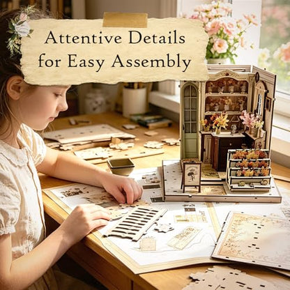 Book Nook Kit DIY Miniature House – 3D Wooden Puzzle Bookshelf Insert with LED Lights, Tiny Dollhouse Building Model Craft Kit, Unique Book Nook Decor Gift for Adults, Teens, Book Lovers - style: Flower Shop