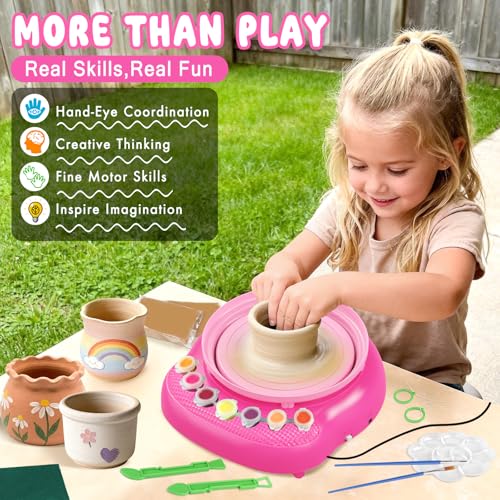 Weilim Pottery Wheel for Kids Beginners, Air-Dry Clay & Paint Kit Ages 6-12 - color: Pink