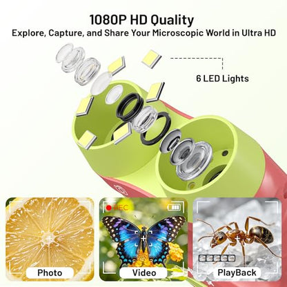 1000X Handheld Microscope for Kids 2.0" Screen 32GB Card Included - color: Red