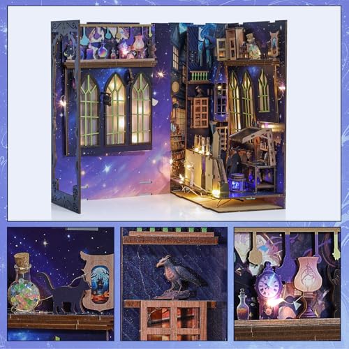 Magic Alley Book Nook Kit - DIY Miniature House Kit for Adults, Teens and Beginners, Magic Miniature Diorama with LED Light, 3D Wooden Puzzle Bookend Bookshelf Insert Decor, Gifts for Fantasy Lovers - style: Magic Alley