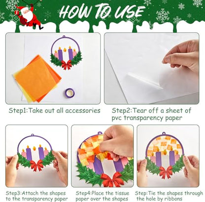Qyeahkj 36 Set Christmas Advent Wreath Suncatchers Crafts for DIY Advent Candle Tissue Paper Craft Kit Hanging Decor for Xmas Holiday Home Activity Art Project Birthday Party Favor Gift - style: Christmas Advent Wreath