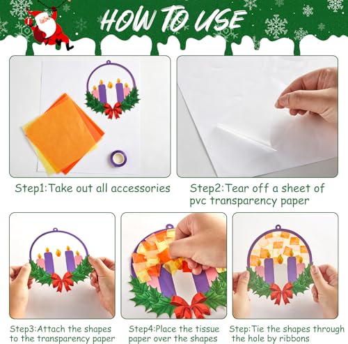 Qyeahkj 36 Set Christmas Advent Wreath Suncatchers Crafts for DIY Advent Candle Tissue Paper Craft Kit Hanging Decor for Xmas Holiday Home Activity Art Project Birthday Party Favor Gift - style: Christmas Advent Wreath
