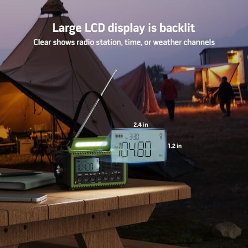Emergency Radio 5000mAh NOAA Weather FM AM SW Battery Operated 5 Way Power - color: Green with Black