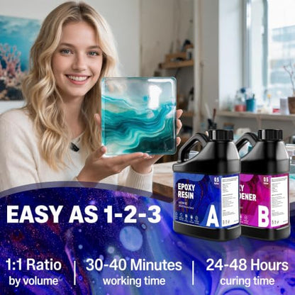 GRLELOU Epoxy Resin Kit 1 Gallon - No Yellowing & Less Bubble 2 Part Epoxy Resin for Beginners, 1:1 Ratio Art Resin for Wood Casting, Jewelry Making, Art Crafting & Countertop Coating (0.5Gal×2) - size: 1 Gallon