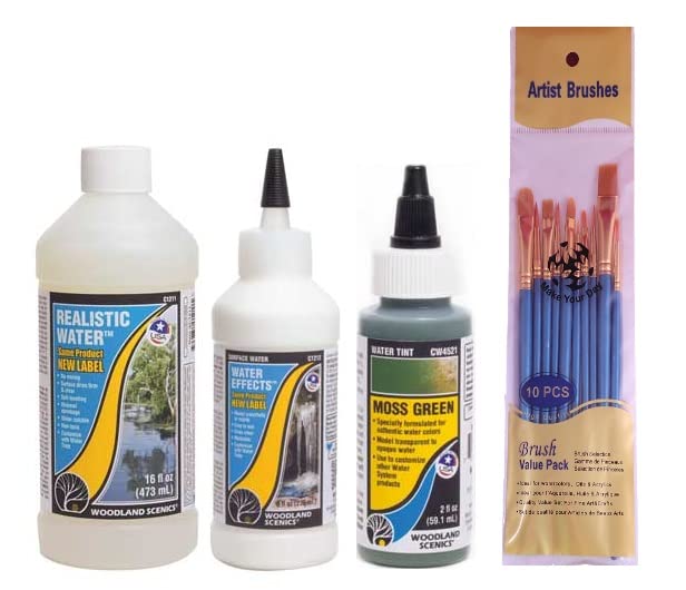 Make Your Day Woodland Scenics Realistic Water, Water Effects, and Moss Green Water Tint (Pack of 3) Paintbrushes