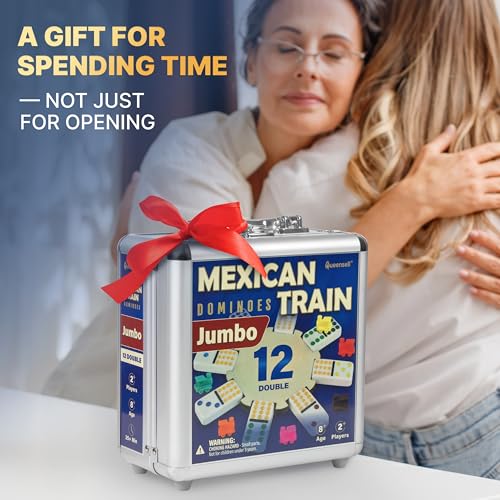 Queensell Mexican Train Dominoes Set with Jumbo Tiles – Double 12 Dominoes Set for Adults, 91 Tiles with Colorful Dots, Wooden Hub, Train & Aluminum Case - size: D12 Jumbo