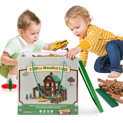 Wondertoys 330 Pcs Wooden Log Set Real Wood Logs Classic Building Log Ages 3+ Best Retro Building Gift Set for Boys Creative Construction Engineering Educational Gifts - style: 330PCS Villas