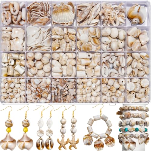 550Pcs Ocean Beads Kit Shell Starfish Mermaid for Bracelet Jewelry Making - color: Beige+Camel