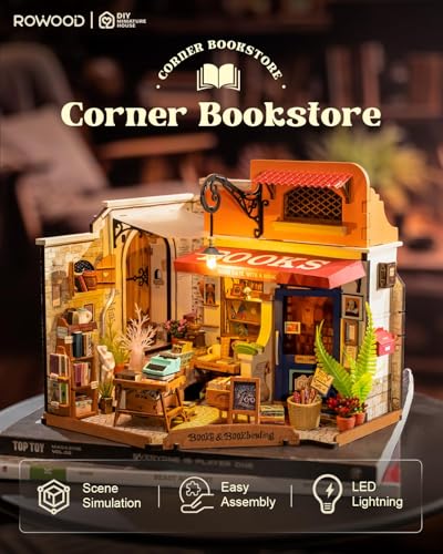 Rowood Miniature House Kit,Mother's Day Mini House Building Kit with LED,DIY Dollhouse Craft Kits for Adults,Birthday for Women Ages 14+(Corner Bookstore) - style: Corner Bookstore