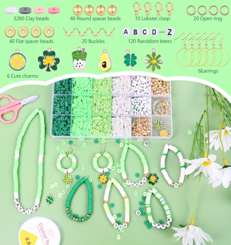 Wuollgess 3500 PCS Clay Beads Bracelet Making Kit, Green Beads for Crafts - color: Green