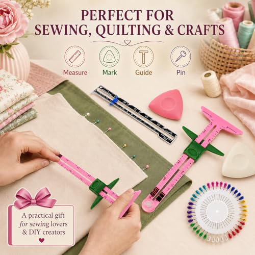 5 Piece Sewing Gauge Set, 5-in-1 Sliding Ruler & Seam Gauge, Pink - color: Pink