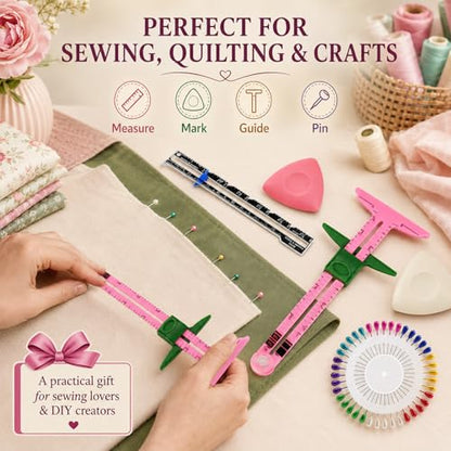 5 Piece Sewing Gauge Set, 5-in-1 Sliding Ruler & Seam Gauge, Pink - color: Pink