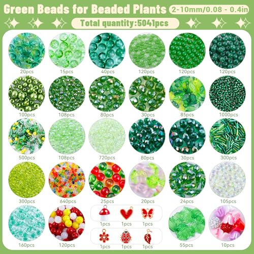 FOGWOWO 5057 Pcs Beaded Plant Kit,Glass Green Beads with Disco Ball & Chain - color: Green B (Include Pot & Foam)
