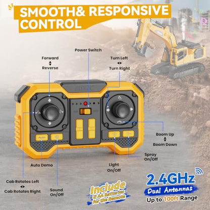 Remote Control Excavator Toy for Boys, 3-in-1 RC Excavator with Alloy Bucket, Breaker & Grapple, Construction Vehicle Toys with Lights & Sounds, 2×1200mAh Batteries, Birthday Gift for Kids 8-12 - size: 1:18 Scale