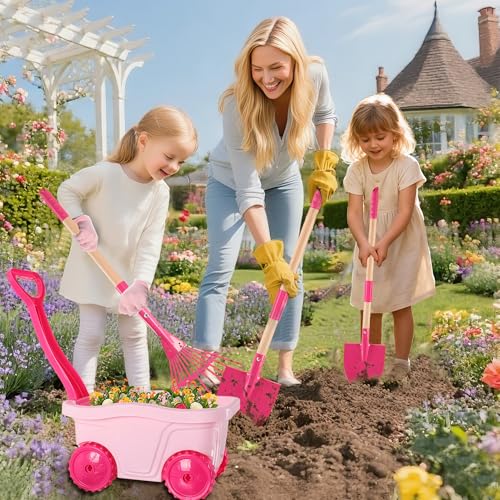 Duckura Kids Gardening Set with Wheelbarrow, Metal Garden Tools for Girls - color: Pink-8pcs