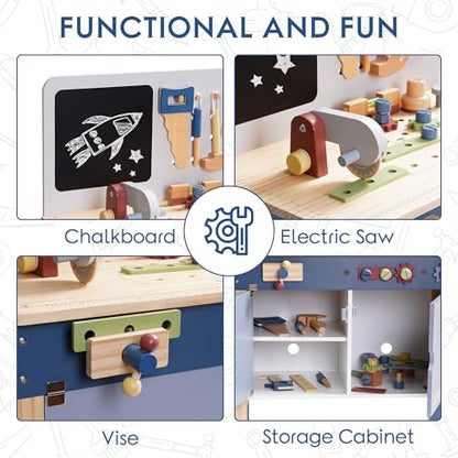 ROBOTIME Kids Wooden Tool Bench Set Large Storage Space Gift for Age 3+