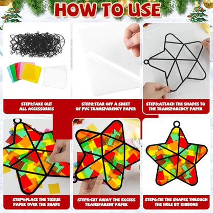 QOUBAI 32 Sets Christmas Theme Suncatchers Craft Kit DIY Window Stained Glass Effect Christmas Theme Paper Crafts Home School Classroom Decoration Kid Birthday Gift Creative Art Project Activity Game - style: Christmas