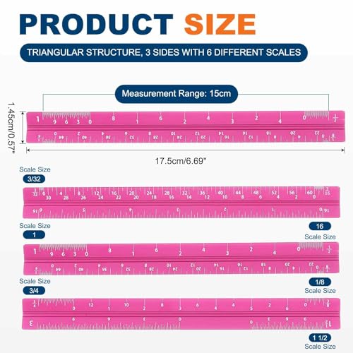 HARFINGTON Architectural Scale Ruler, 7 Inch Standard Aluminum Alloy Architect Triangular Small Scale Laser-Etched Blueprint Drafting Ruler for Architects Engineers, Rose Red - color: Rose Red, size: 7 Inch