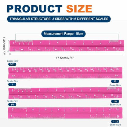 HARFINGTON Architectural Scale Ruler, 7 Inch Standard Aluminum Alloy Architect Triangular Small Scale Laser-Etched Blueprint Drafting Ruler for Architects Engineers, Rose Red - color: Rose Red, size: 7 Inch