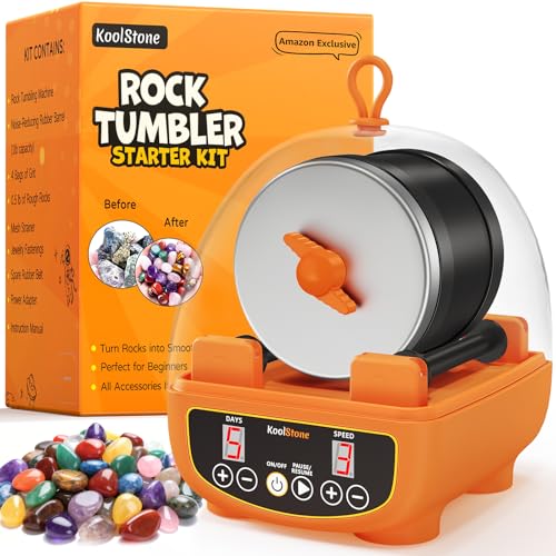 C5 Starter Rock Tumbler Kit for Kids & Beginners, Quieter Rock Polisher with Upgraded Noise-Reducing Cover, 3 Speeds, 9-Day Timer & Memory, Rocks, Grit & STEM Guide