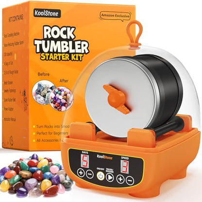 C5 Starter Rock Tumbler Kit for Kids & Beginners, Quieter Rock Polisher with Upgraded Noise-Reducing Cover, 3 Speeds, 9-Day Timer & Memory, Rocks, Grit & STEM Guide
