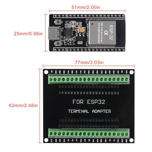 3 Set ESP32 Development Board Type C 38Pin Narrow Version WiFi + Bluetooth Microcontroller ESP-32 ESP-32S Board ESP-WROOM-32 with ESP32 Breakout Board GPIO 1 into 2 Terminal Screw Board