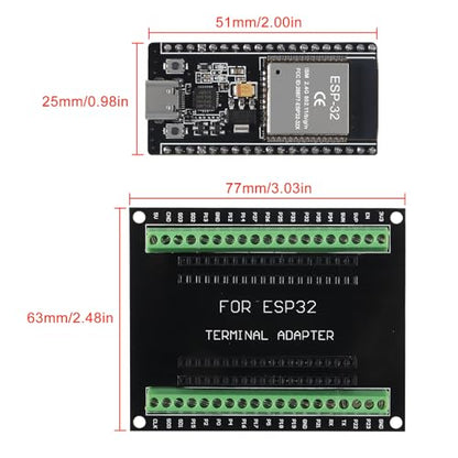 3 Set ESP32 Development Board Type C 38Pin Narrow Version WiFi + Bluetooth Microcontroller ESP-32 ESP-32S Board ESP-WROOM-32 with ESP32 Breakout Board GPIO 1 into 2 Terminal Screw Board