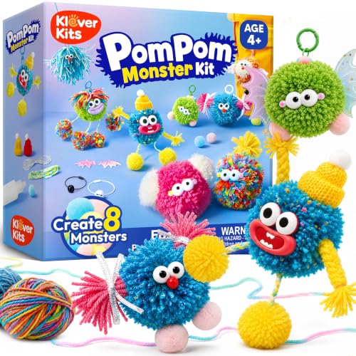 JOVA Klever Kits Pom Pom Monster Kits- DIY Plush Backpack Keychains, Pom Pom Crafts for Kids Aged 4+ Kid Felt Kits, Arts & Crafts for Boys Girls Birthday Party Gift Toy