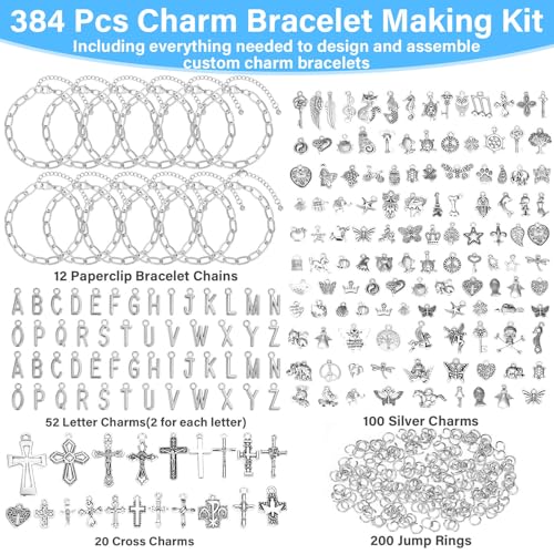 Flasoo 384 Pieces Silver Charm Bracelet Making Kit, Including Paperclip Chain Bracelets, Cross Charms, Jump Rings for DIY Bracelet Making