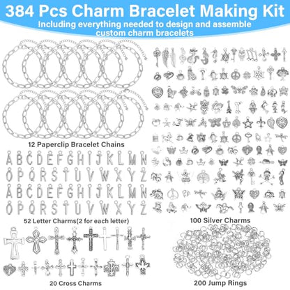 Flasoo 384 Pieces Silver Charm Bracelet Making Kit, Including Paperclip Chain Bracelets, Cross Charms, Jump Rings for DIY Bracelet Making