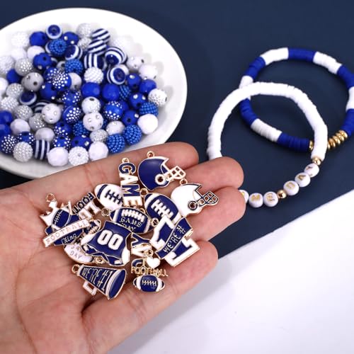 2200PCS+ Game Day Beads Charms for Bracelet Making Polymer Clay Beads Crystal Pearl Letter Gold Spacer Beads Football Charms for Game Day Bracelet Necklace Making DIY Crafts - color: Blue White