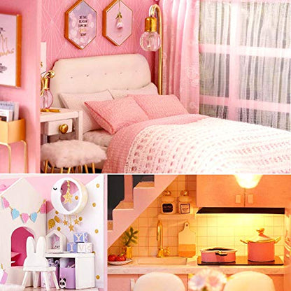 MAGQOO 3D Wooden Dollhouse Miniature DIY House Kit with Furniture,1:24 DIY Dollhouse Kit Dust Proof Included (Dream Angel) - color: Dream Angel