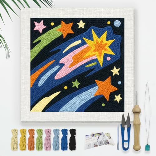 DOODLREAM Shooting Star DIY Punch Needle Embroidery Kit for Adult Beginner, 9.4" Starry Sky Punch Stitching Craft Set for Starter with Frame,Fabric Pattern,Threader, Yarn, Pinch Needle - color: Shooting Star
