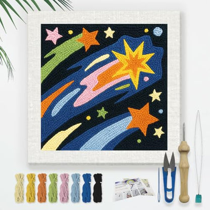 DOODLREAM Shooting Star DIY Punch Needle Embroidery Kit for Adult Beginner, 9.4" Starry Sky Punch Stitching Craft Set for Starter with Frame,Fabric Pattern,Threader, Yarn, Pinch Needle - color: Shooting Star