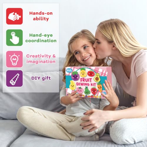 ZOIIWA Fruit Sewing Kit for Kids Sewing Felt Plush Stuffed Ornament Fruit Vegetable Kids Felt Kit DIY Art Craft Food Embroidery Keychain Christmas Gift for Beginner Ages 4+ Educational Learn to Sew