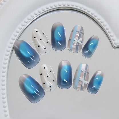 Almond Press on Nails Short Blue Fake Nail Bow and Stripes Stripes Acrylic Nail Press ons Cat Eye Stick on Nail for Women 24pcs - color: Color27