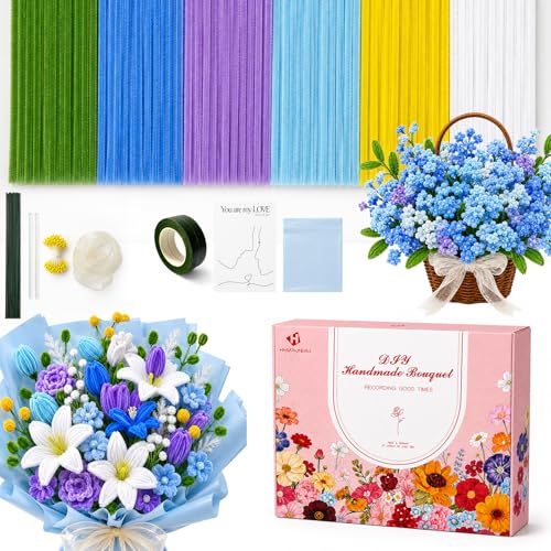 HHSarioneiro 550 Pcs Pipe Cleaner Flower Kit, Complete DIY Flower Bouquet Making Kit, 6 Beautiful Colors, 15 Flower Designs with Step-by-Step Video Tutorials, for Teen Girls and Craft Lovers - color: Blue
