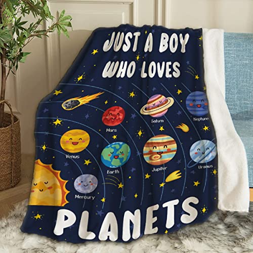 Just A Boy Who Loves Planets Solar System Space Throw Blanket Fannel Fleece Super Soft Funny Blanket Travel Throw Blanket for Bed Couch Sofa 60 x 50 Inch for Teen - color: Just a Boy Who Loves Planets Solar System Space, size: 60x50 In for Teen