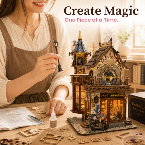 nooktales Magic Clock Tower Book Nook Kit | 365-piece DIY with LED Light